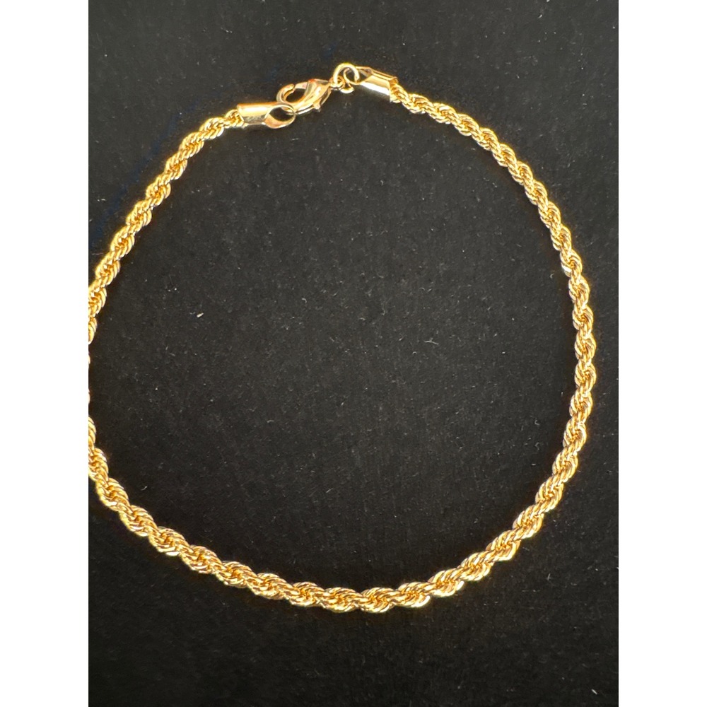 18k Gold Tone Rope Chain Bracelet 9.5 Inch 3mm‎ Twisted Link Lobster Clasp